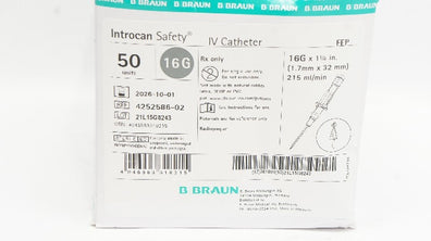 Braun 4252586-02 Introcan Safety IV Cath. 16G x 1-1/4inch 215ml/min - Box of 50